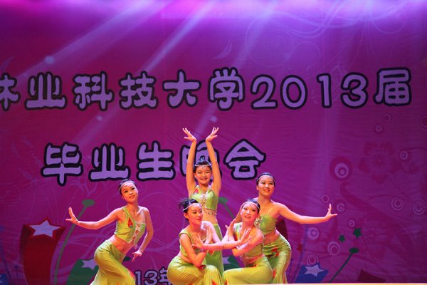 毕业晚会上傣族舞《孔雀飞来》演出现场一幕.(校团委 供照)